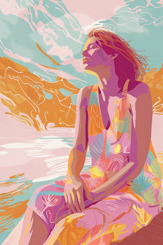 Artistic illustration of a woman sitting contemplatively against a vibrant, abstract background of mountains and tropical foliage, reflecting deep introspection and the emotional depth of creative struggles.