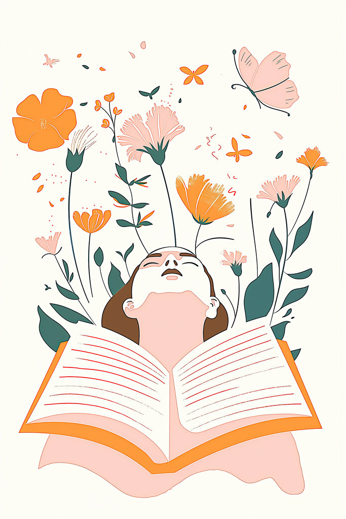 Illustration of a woman with her head back, eyes closed, and a book open, with flowers and butterflies emerging, symbolizing the joy of journaling.